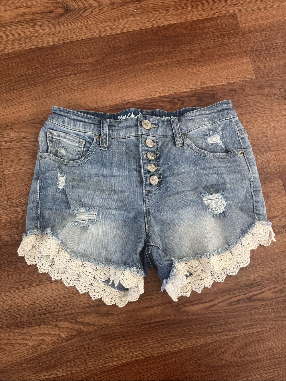 Mossimo Supply Co. Light Blue Distressed Denim Shorts with White Lace Hem